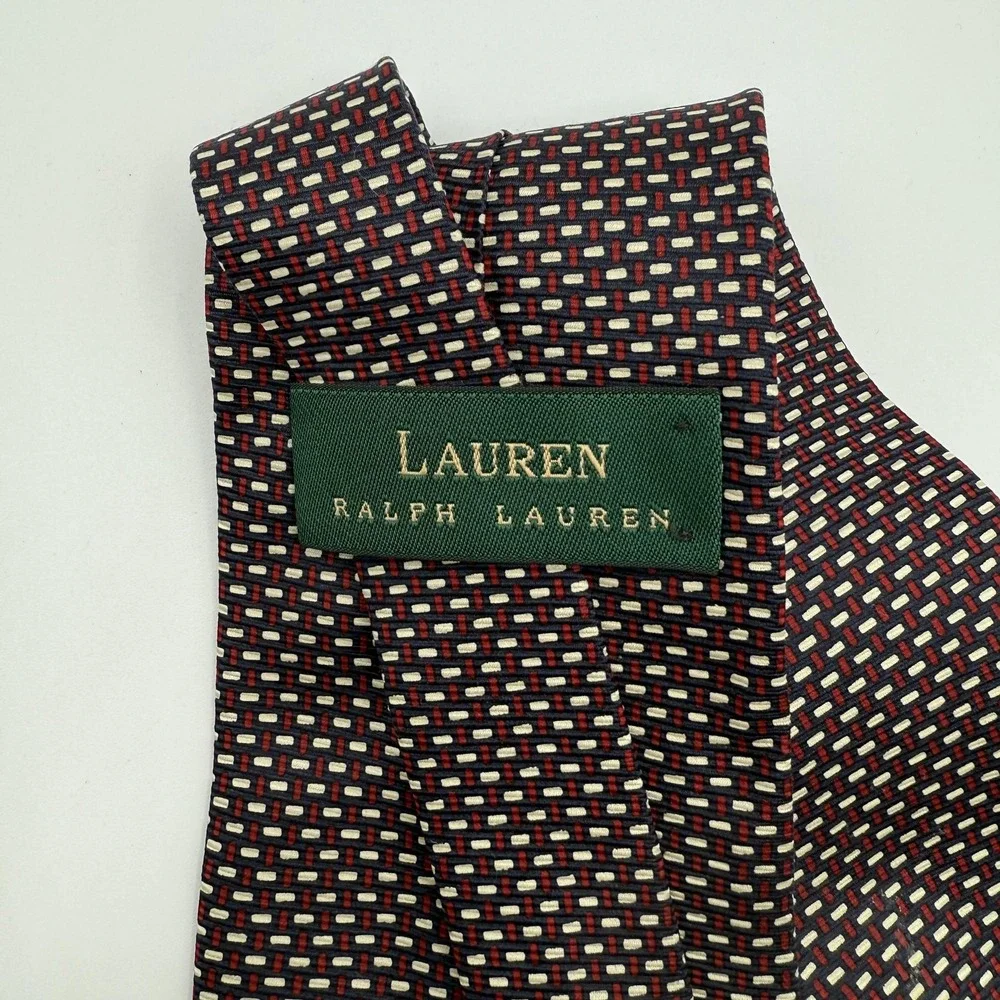 Lauren Ralph Lauren Tie Mens Silk Navy Red‎ Geometric Pattern Hand Finished USA
